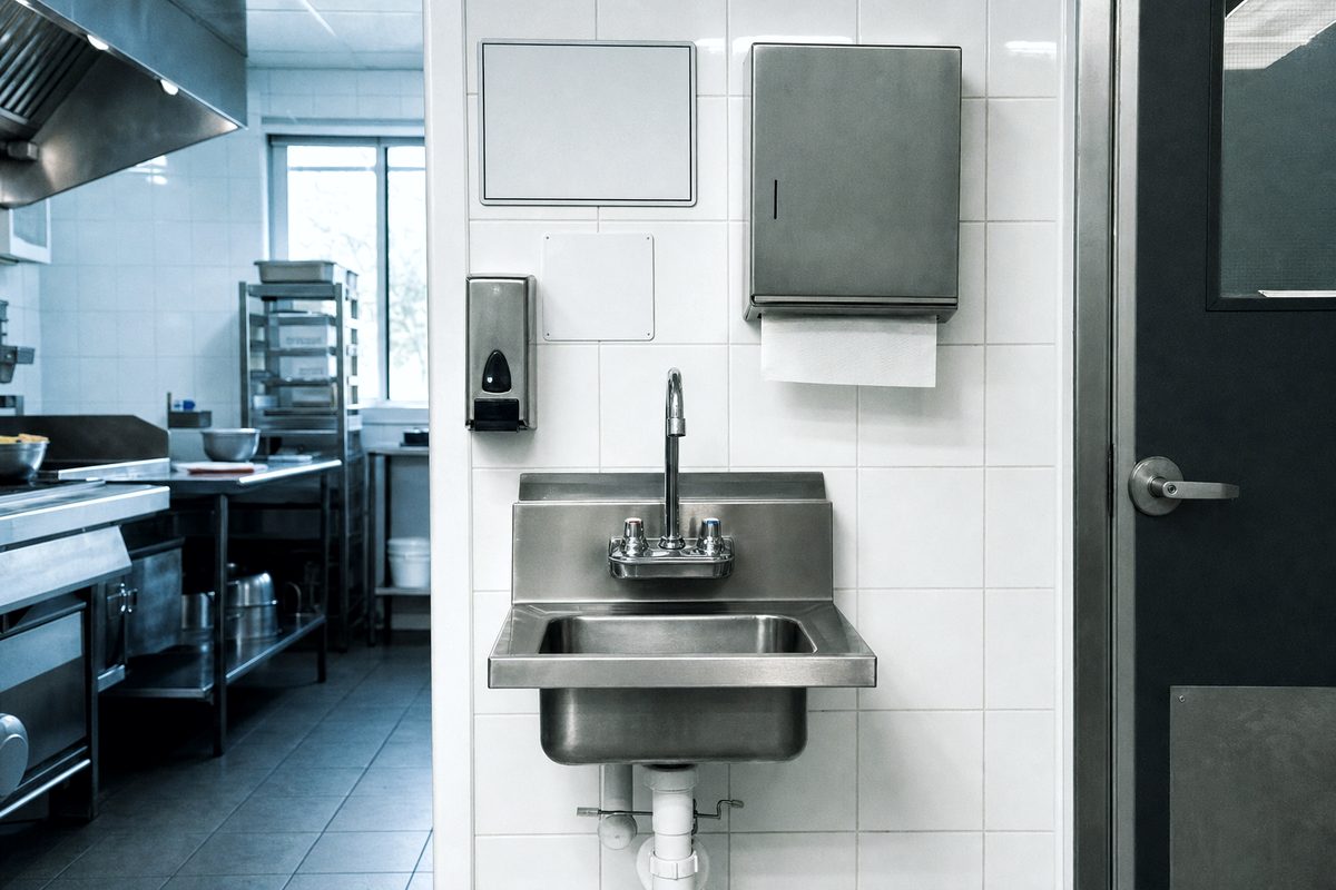 A stainless steel commercial handwashing sink with soap and paper towel dispensers above it.