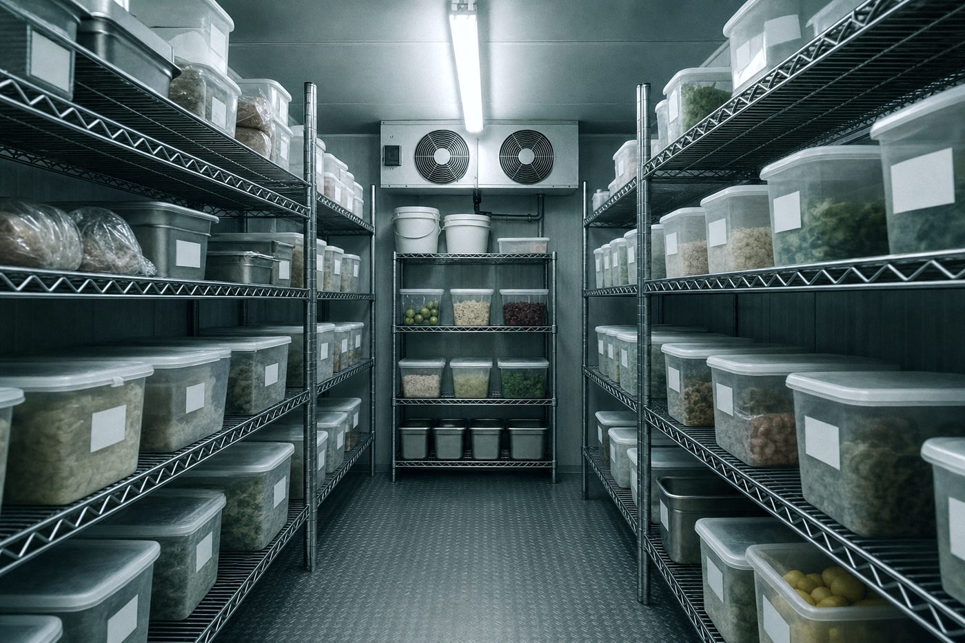 The interior of an orderly commercial walk-in refrigerator with covered containers on wire shelving.